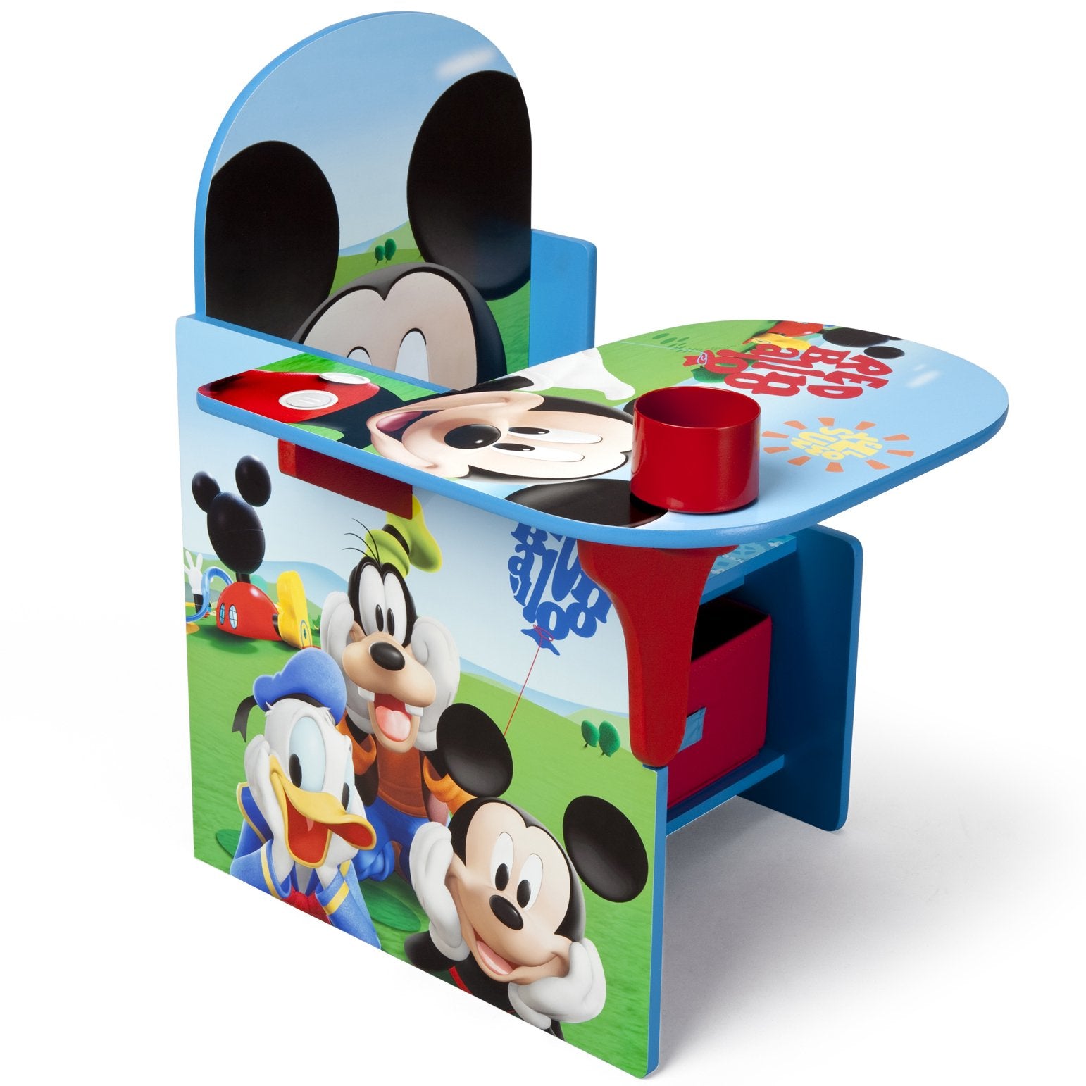Under-seat storage bin keeps toys and books neatly organized after playtime.