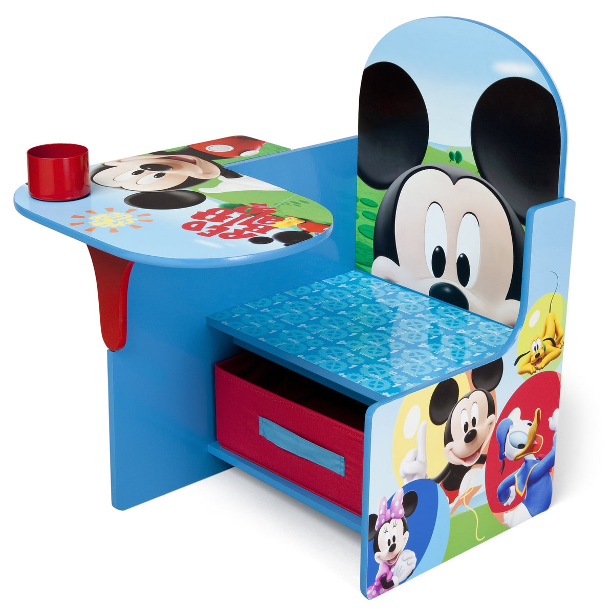 Delta Children Mickey Mouse chair desk with storage bin shows colorful graphics for study time.