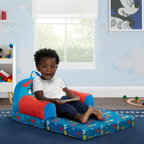 Delta Children Mickey Mouse Cozee Buddy Chair open sleeper mode for lounging and naps