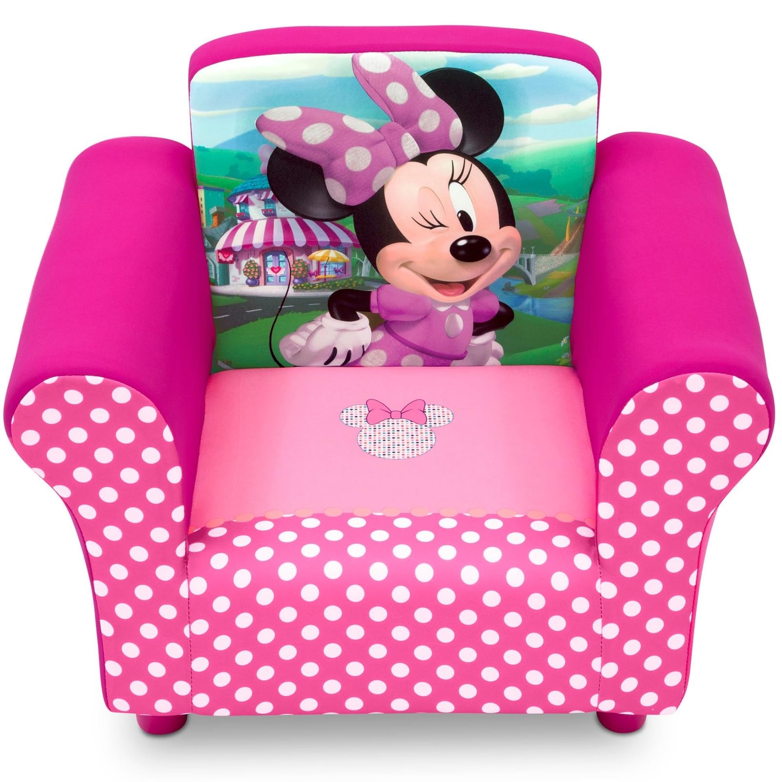 Delta Children Minnie Mouse chair back view emphasizing sturdy wood frame and durable design