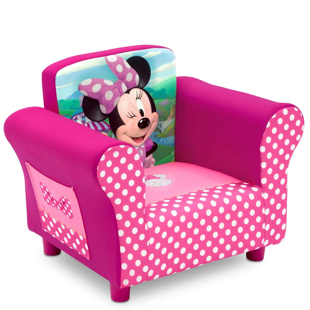 Delta Children Minnie Mouse chair front view with playful graphics and kid-friendly comfort
