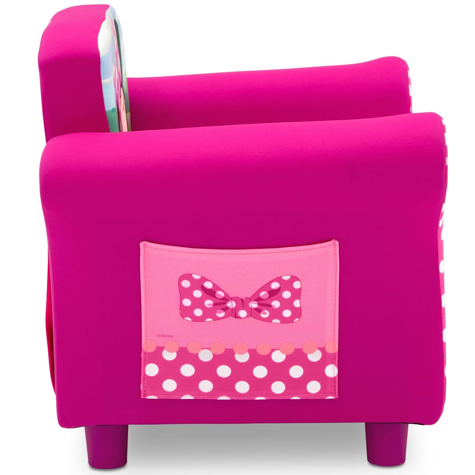 Delta Children Minnie Mouse chair seat closeup shows plush padding and easy cleaning surface