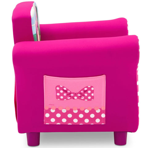Delta Children Minnie Mouse chair seat closeup shows plush padding and easy cleaning surface