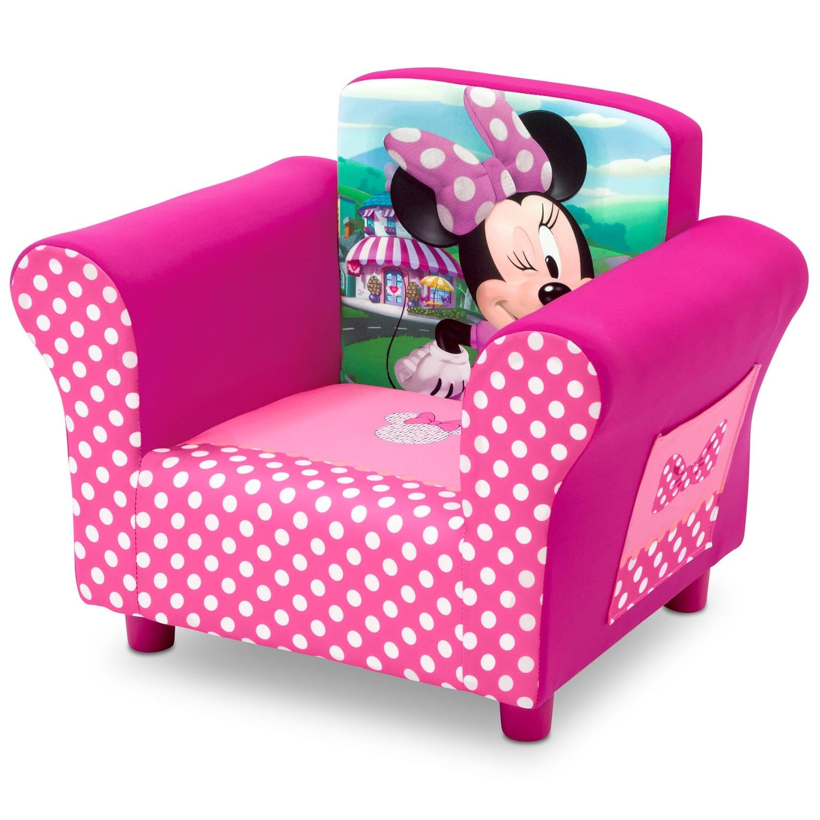 Delta Children Minnie Mouse chair side view highlighting compact size for cozy reading