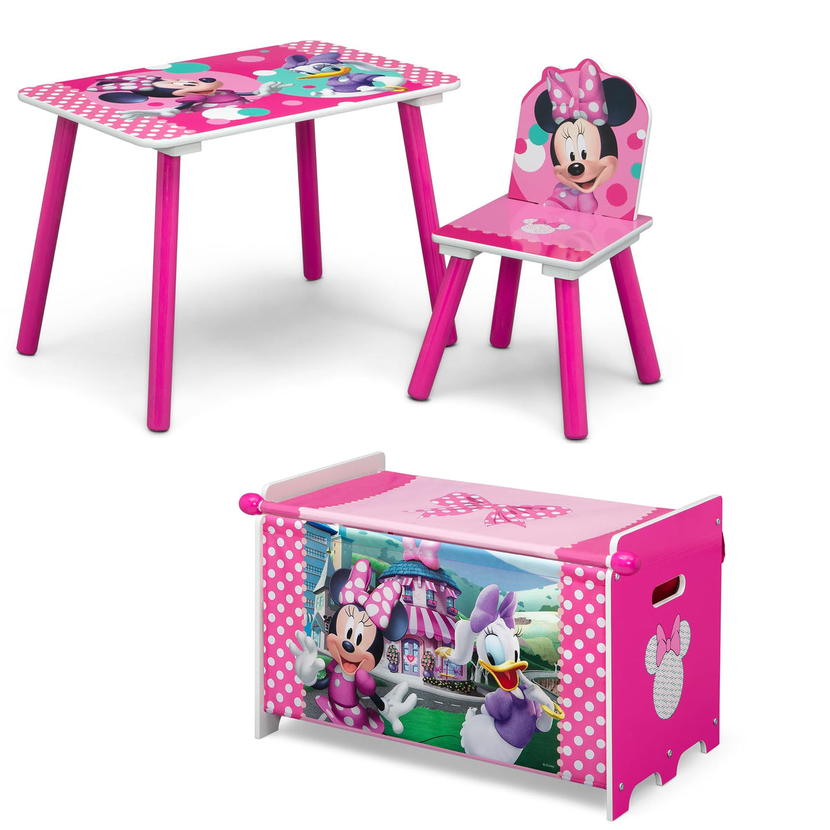 Delta Children Minnie Mouse table view shows kid-friendly height for comfy play