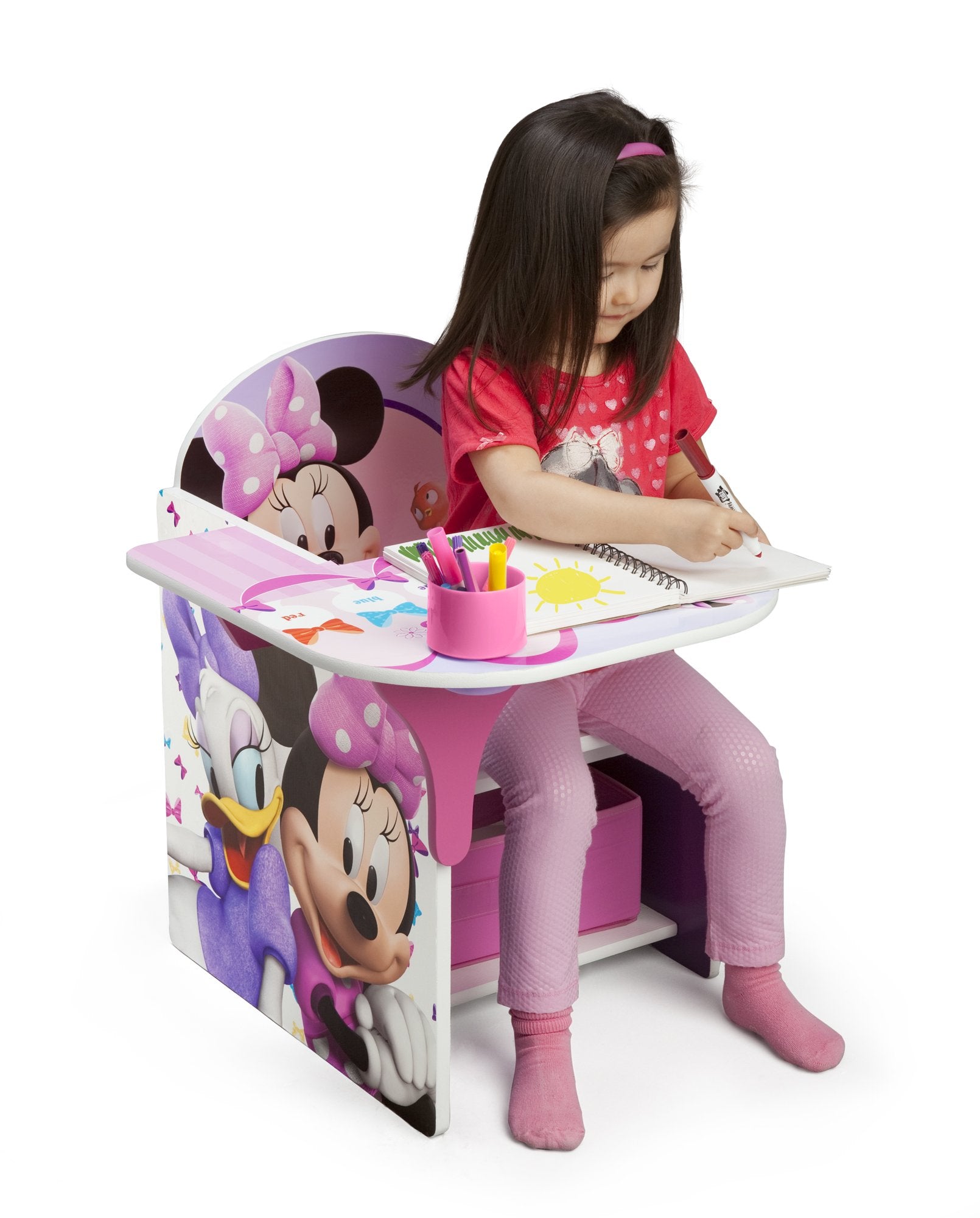 Delta Children Minnie Mouse chair desk showing built-in cup holder for art supplies