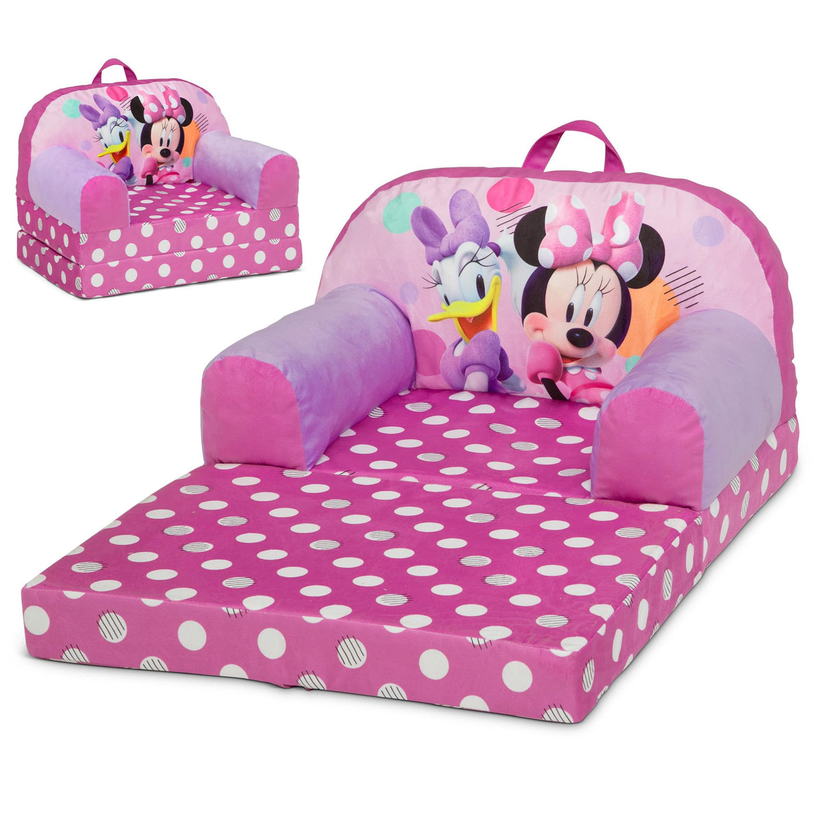 Delta Children Minnie Mouse Cozee Buddy Flip-Out Chair pink offers cozy seating for reading.