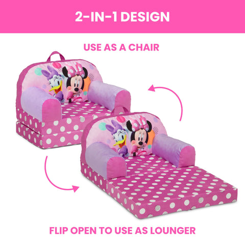 Delta Children Minnie Mouse Cozee Buddy Flip-Out Chair pink is portable with a carry handle for moving.