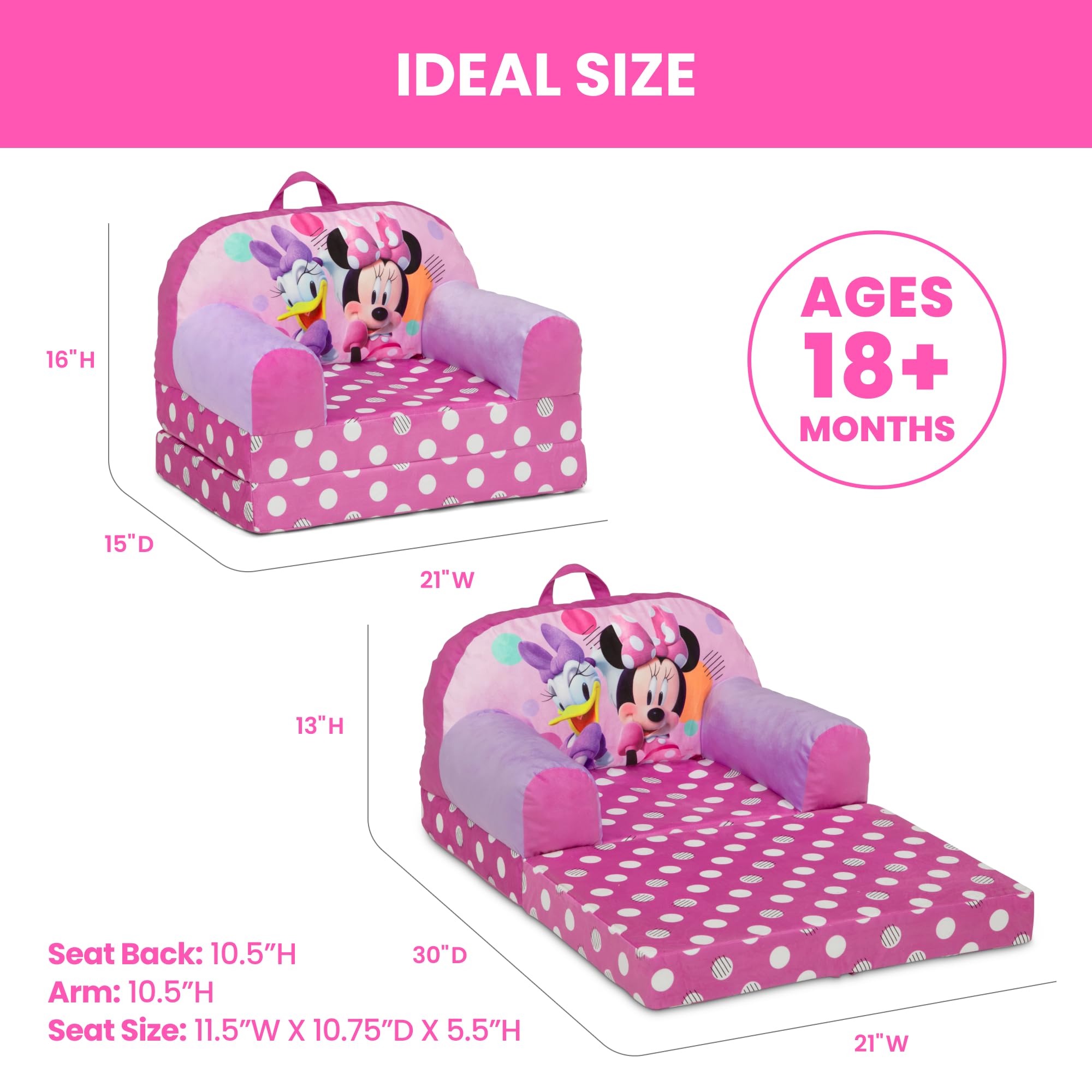 Delta Children Minnie Mouse Cozee Buddy Flip-Out Chair pink features comfy foam that keeps shape.
