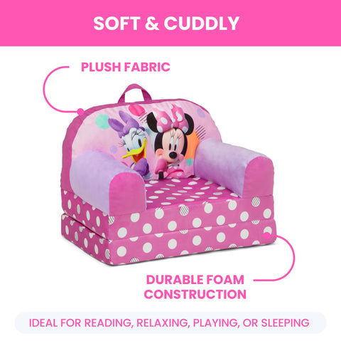 Delta Children Minnie Mouse Cozee Buddy Flip-Out Chair pink suits bedrooms, playrooms, or study nooks.