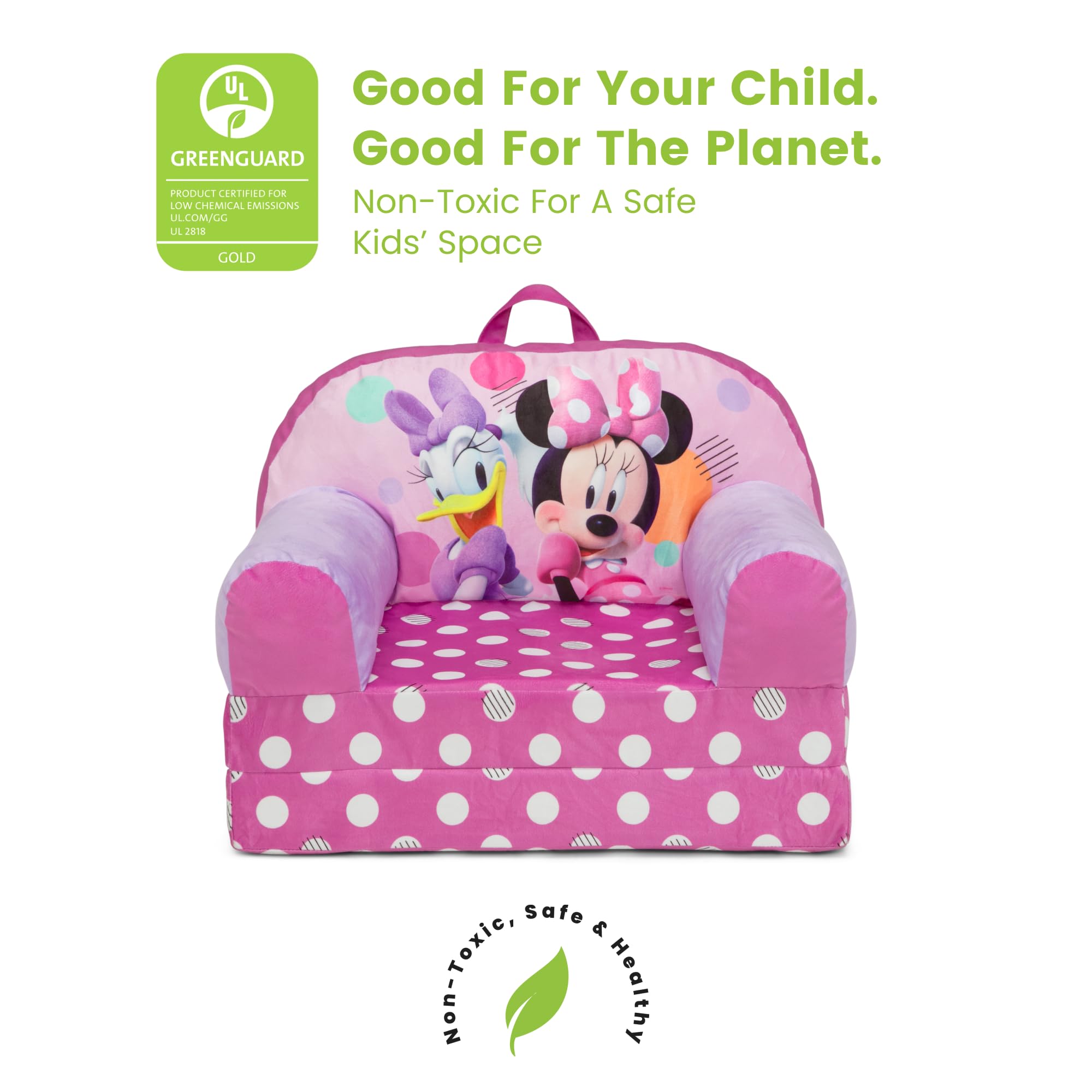 Delta Children Minnie Mouse Cozee Buddy Flip-Out Chair pink uses secure hook and loop closure to preserve form.