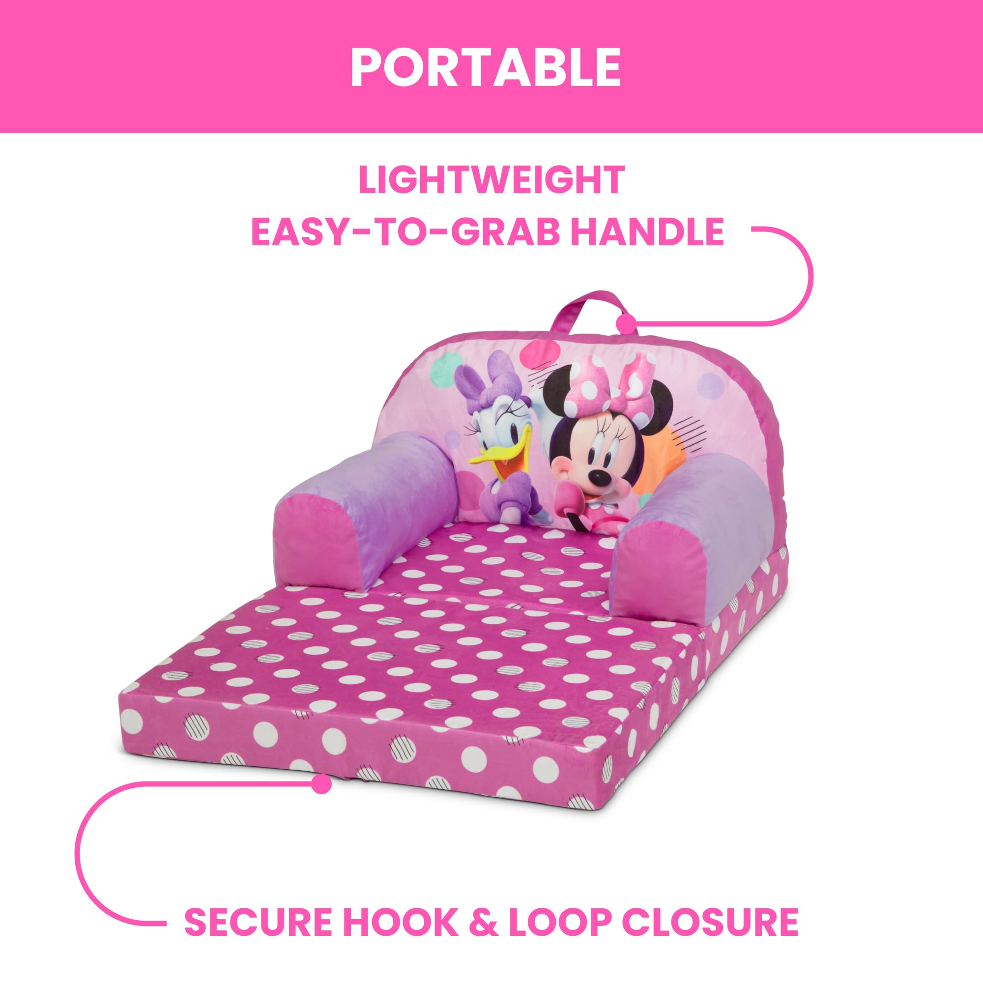Delta Children Minnie Mouse Cozee Buddy Flip-Out Chair pink delivers two-in-one versatility for reading and playing.