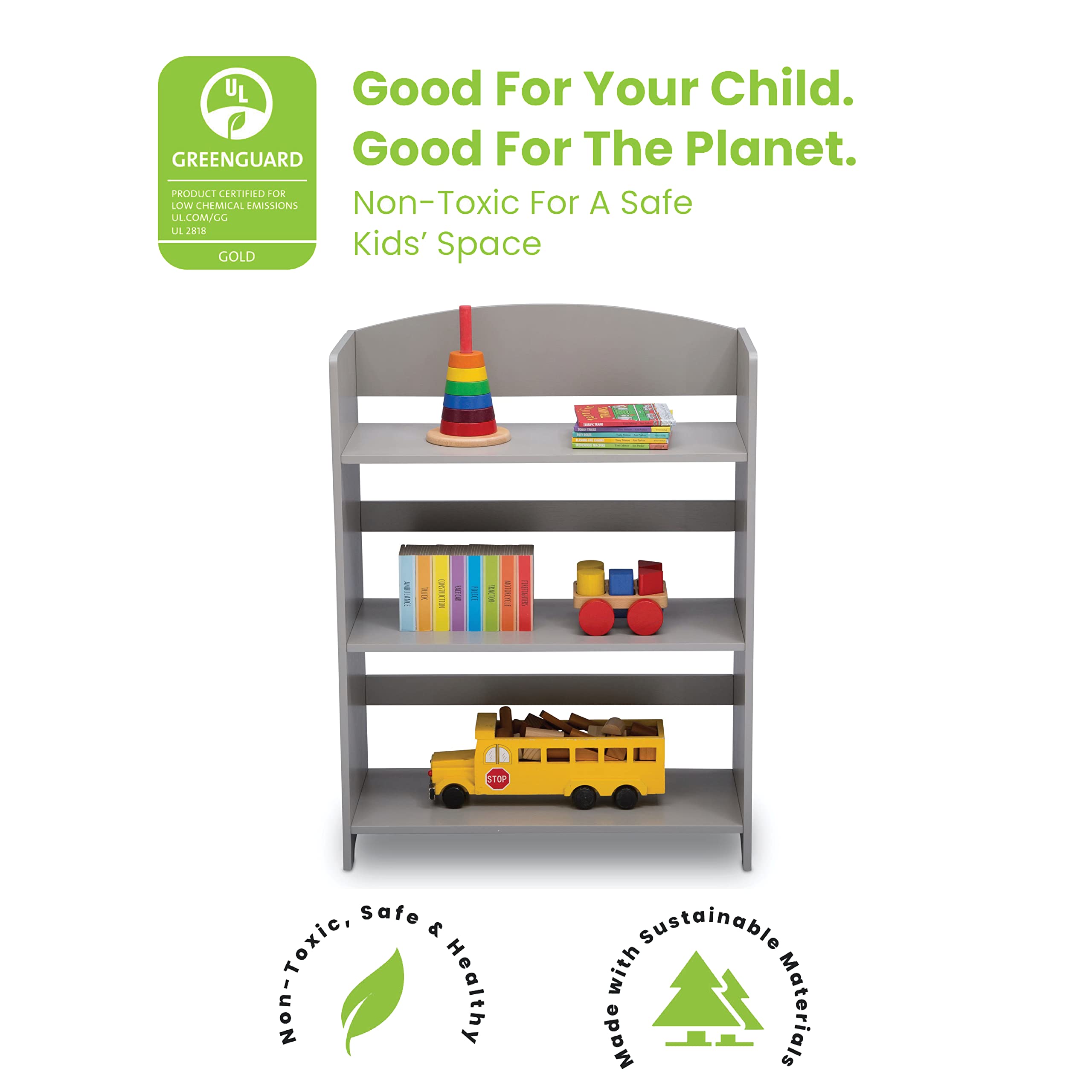Delta Children MySize Bookshelf grey side-view showing kid-friendly height