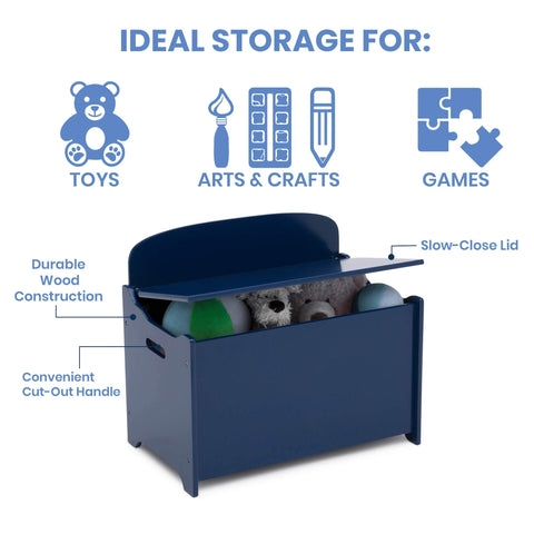 Delta Children MySize Deluxe Toy Box dimensions show generous storage in a compact footprint.