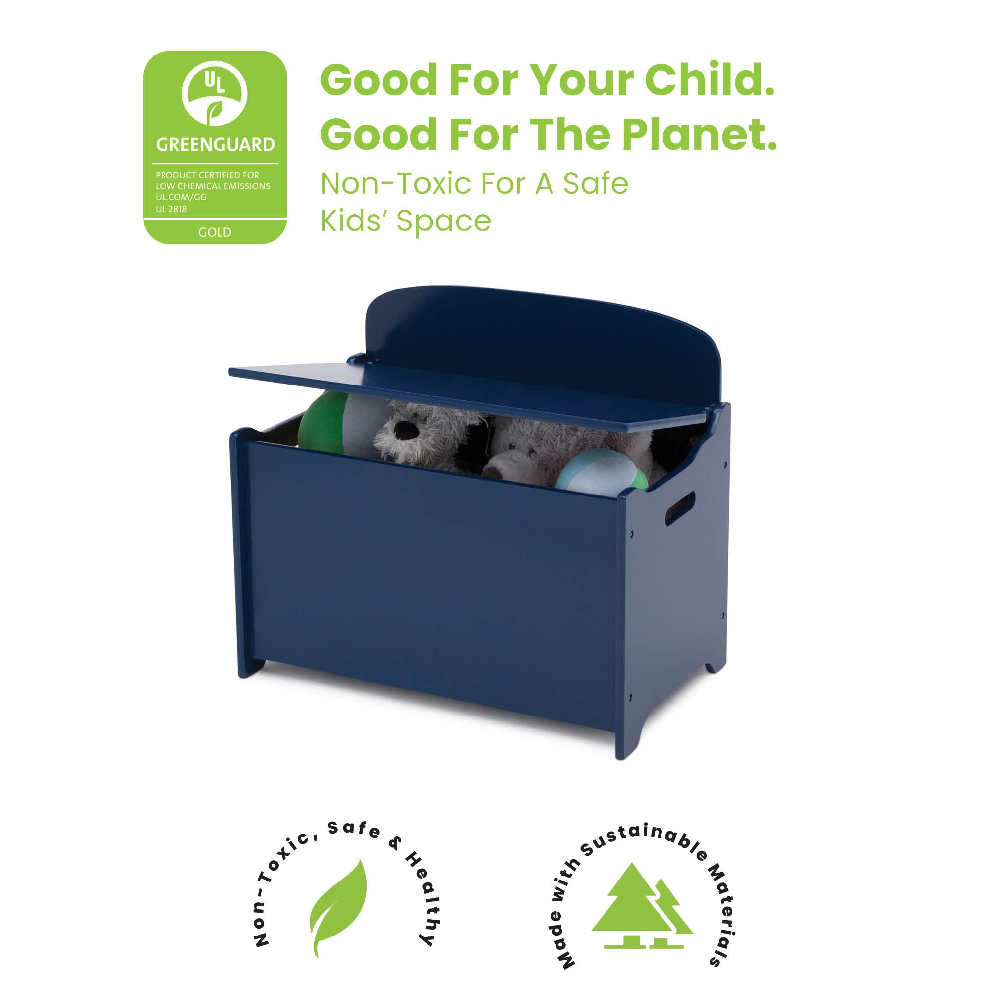 Delta Children MySize Deluxe Toy Box features easy-grip side handles for transporting.