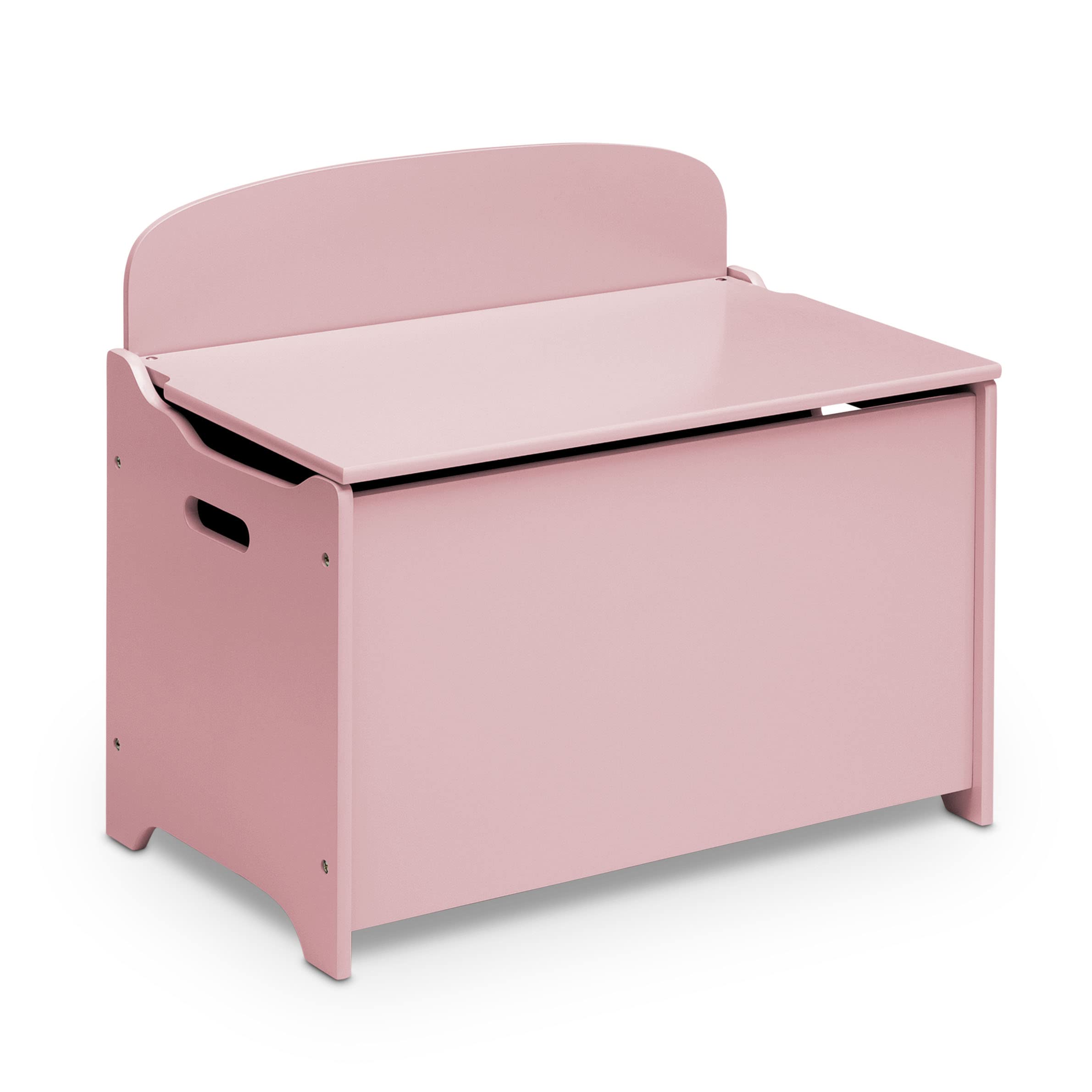 Delta Children MySize Deluxe Toy Box Dusty Rose front view highlights sturdy wood construction.