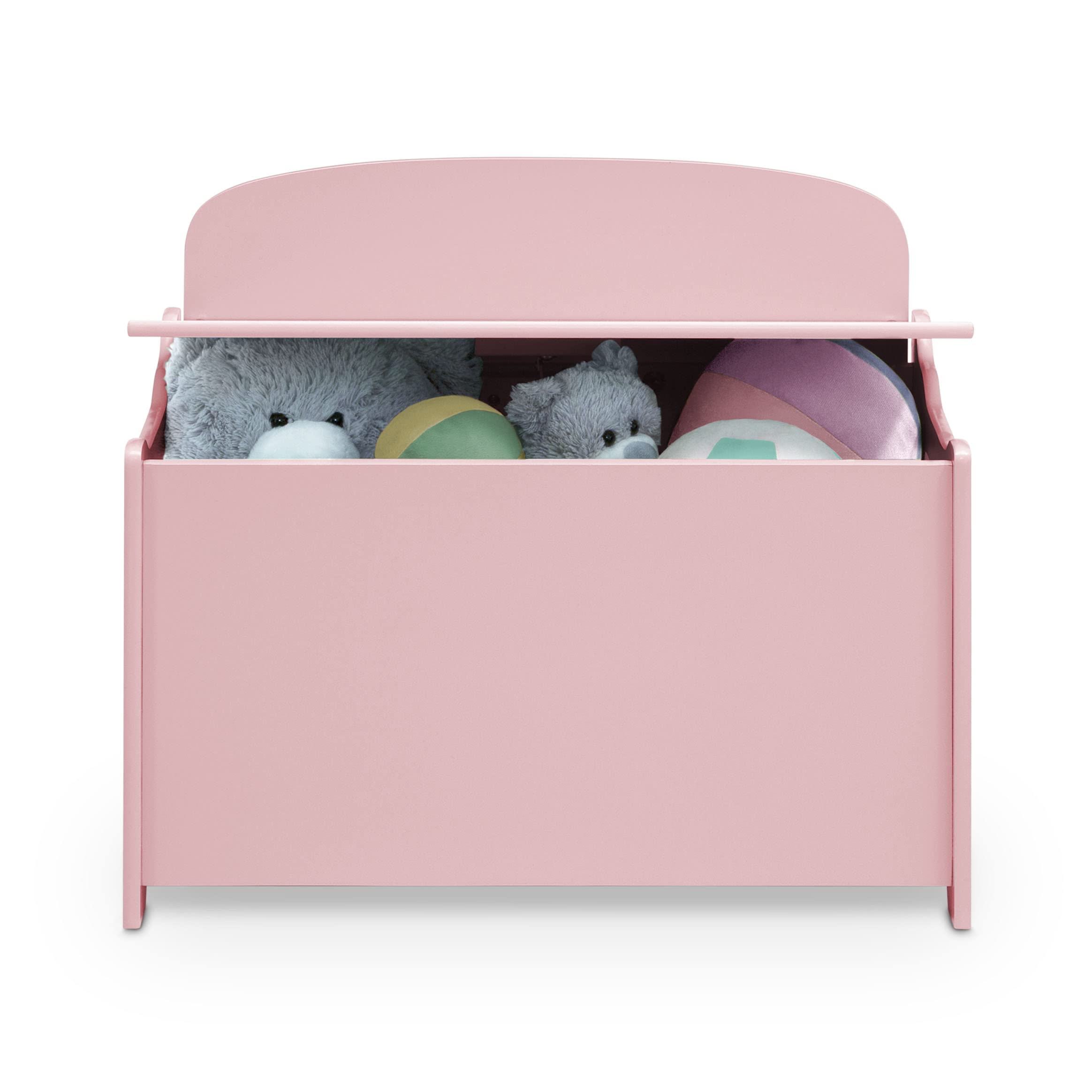 Delta Children MySize Deluxe Toy Box Dusty Rose in living room complements decor.