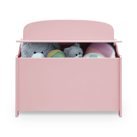 Delta Children MySize Deluxe Toy Box Dusty Rose in living room complements decor.