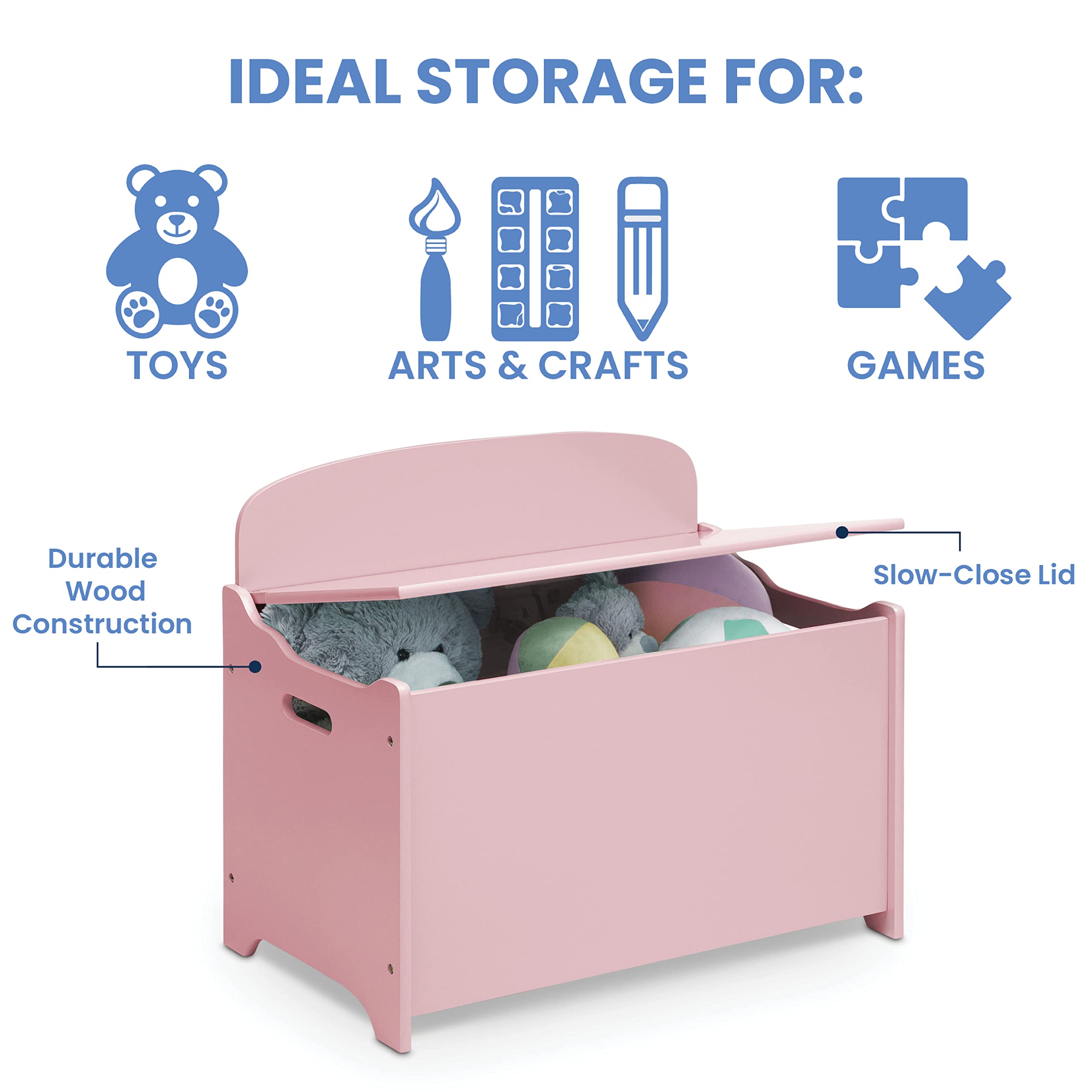 Delta Children MySize Deluxe Toy Box Dusty Rose interior storage space for organized play.