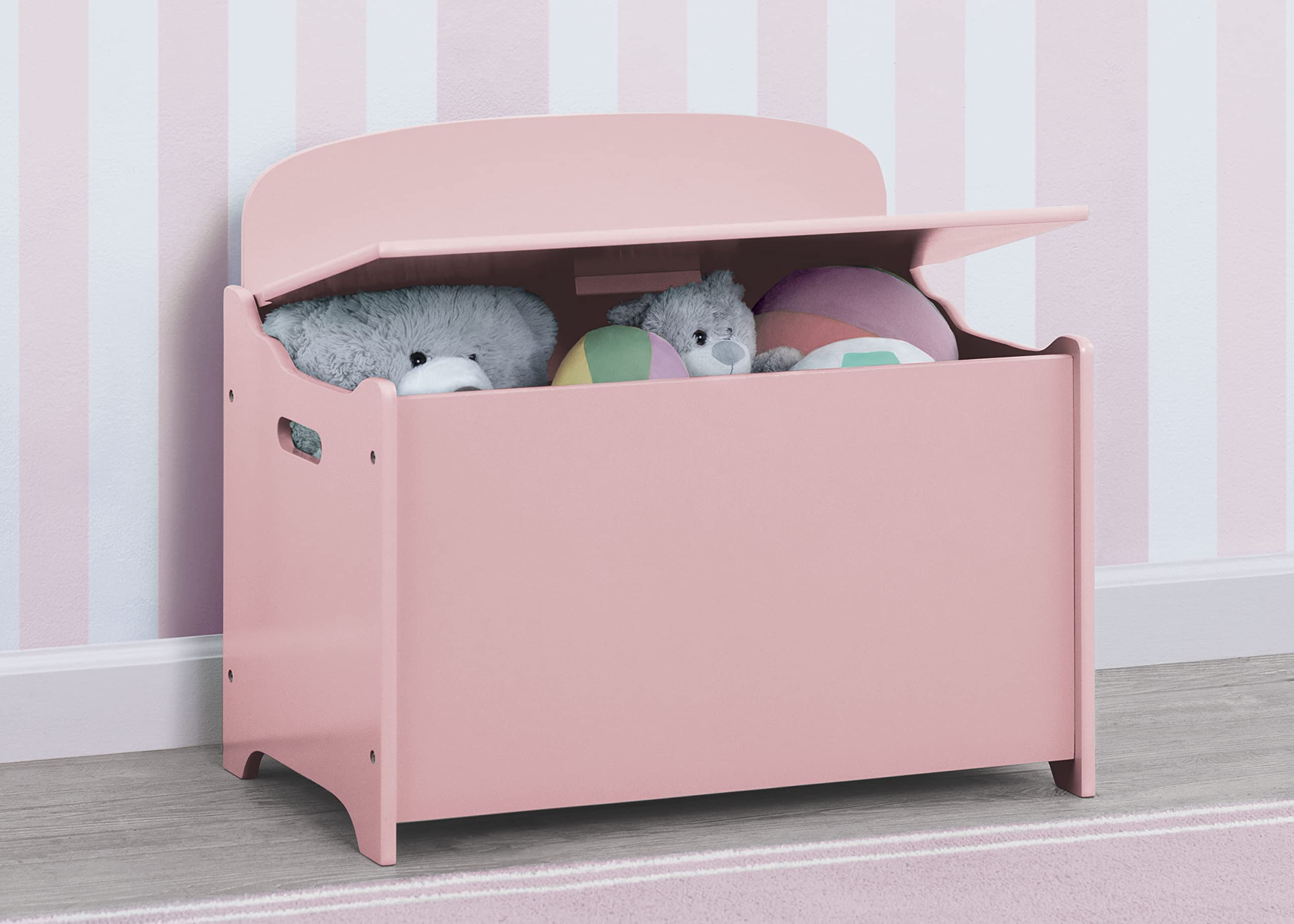 Delta Children MySize Deluxe Toy Box Dusty Rose lid open shows easy toy access.