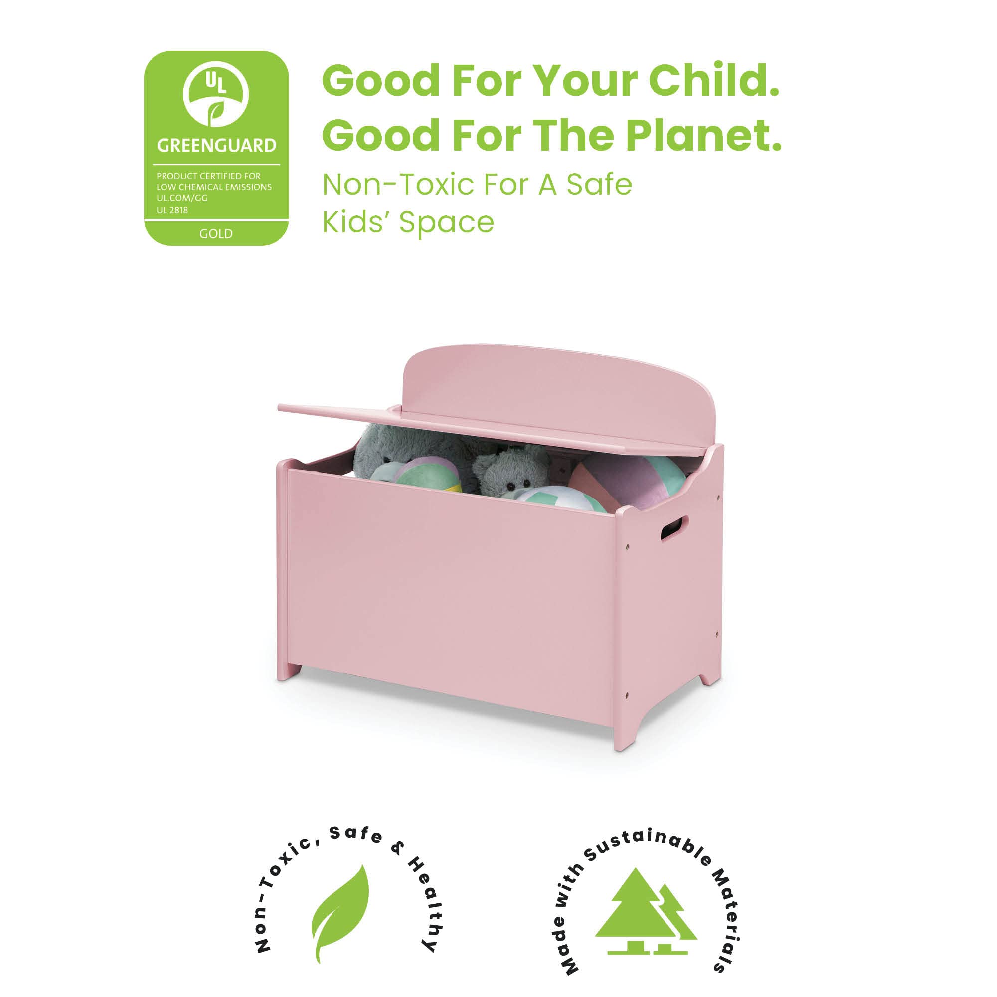 Delta Children MySize Deluxe Toy Box Dusty Rose side profile emphasizes compact footprint.