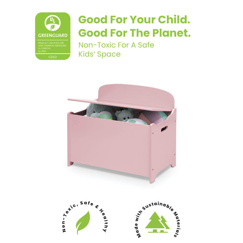 Delta Children MySize Deluxe Toy Box Dusty Rose side profile emphasizes compact footprint.