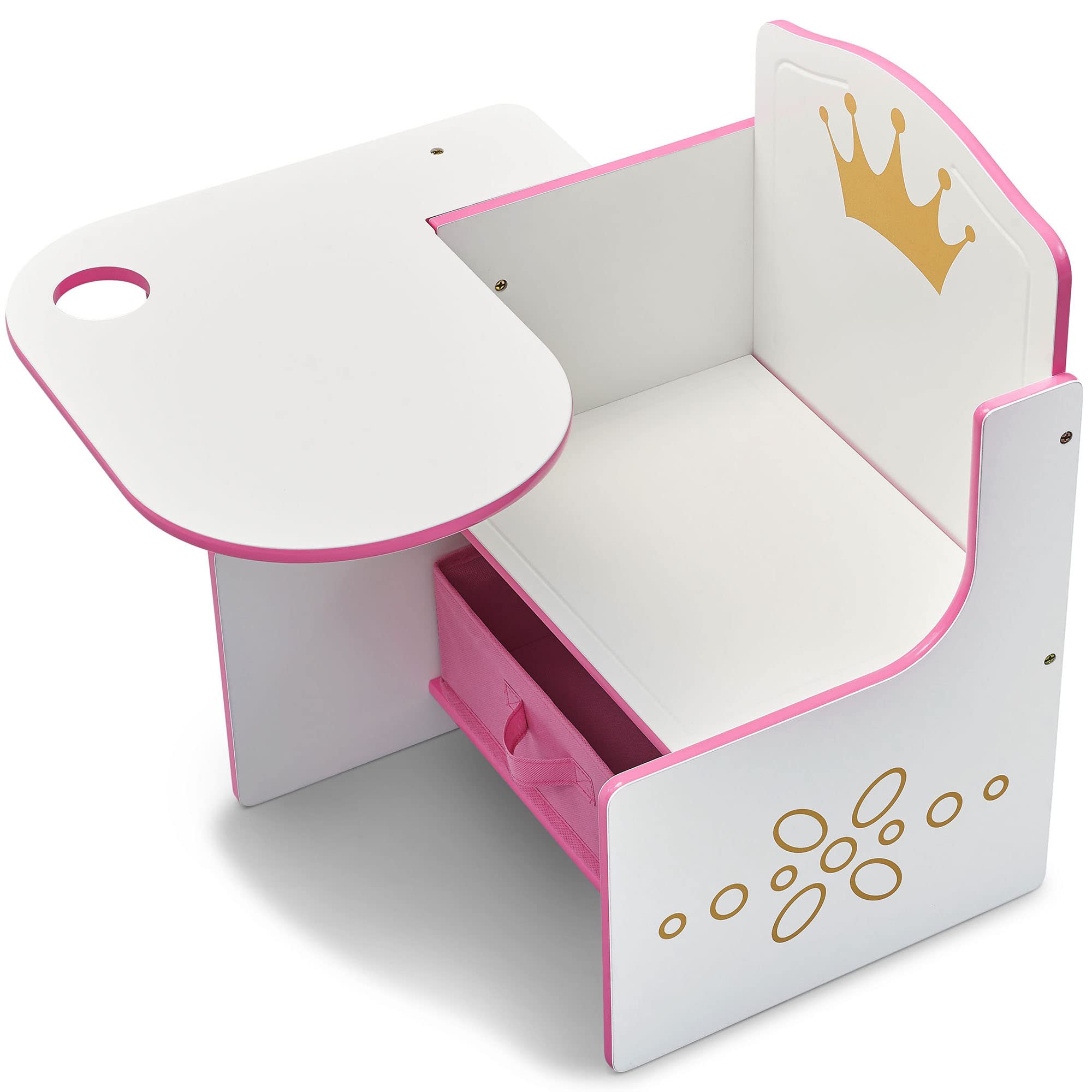 Delta Children pink trim with gold crown emblem enhances classroom-style seating.