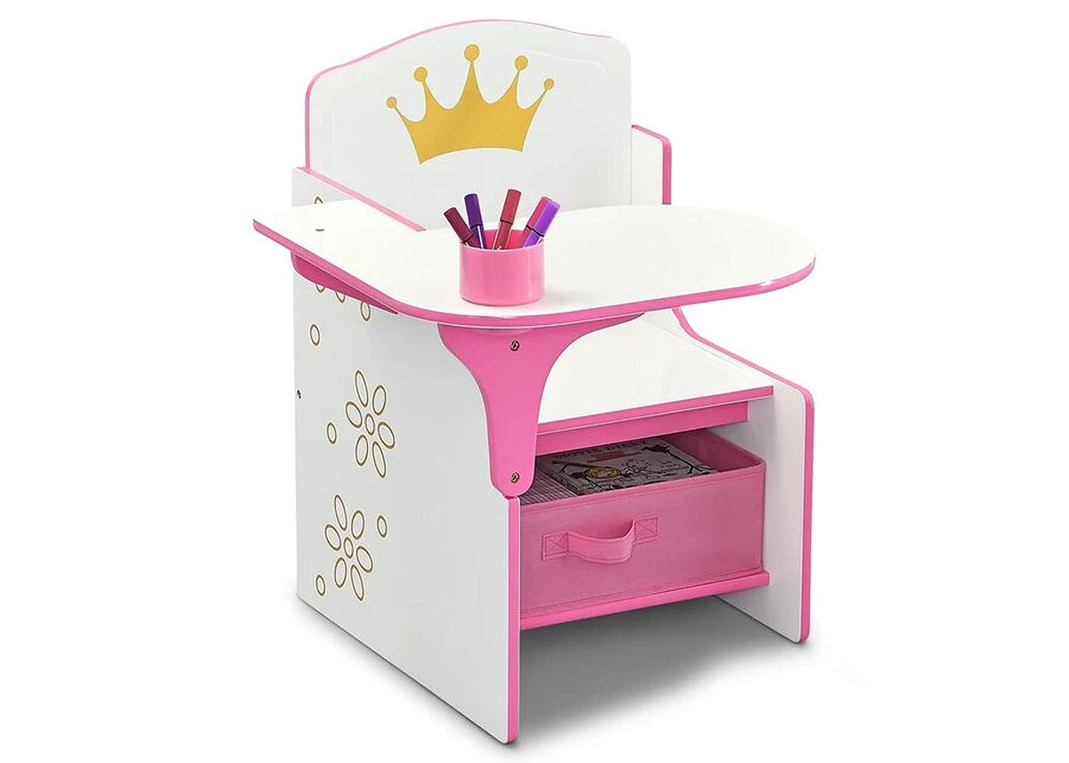 Delta Children princess crown chair desk with storage bin for toys and crafts.