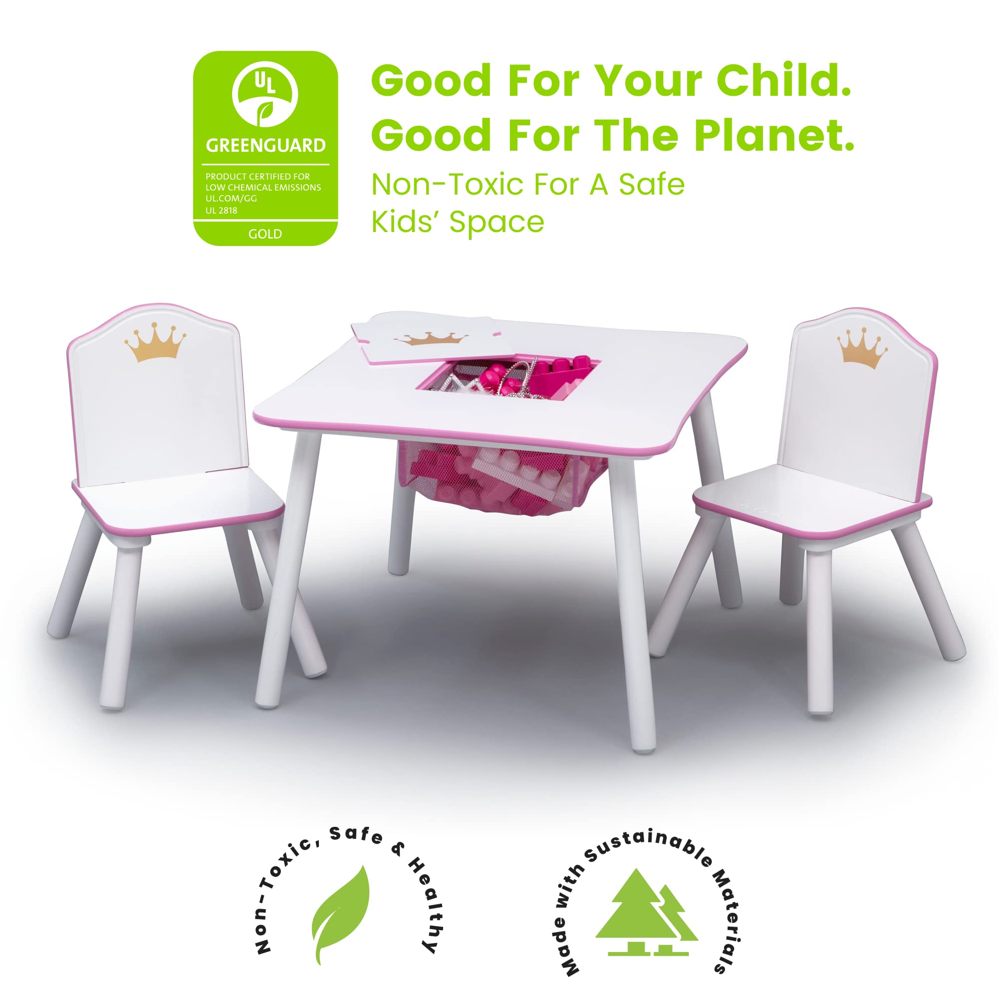 Storage cubby detail on Princess Crown table for easy access.