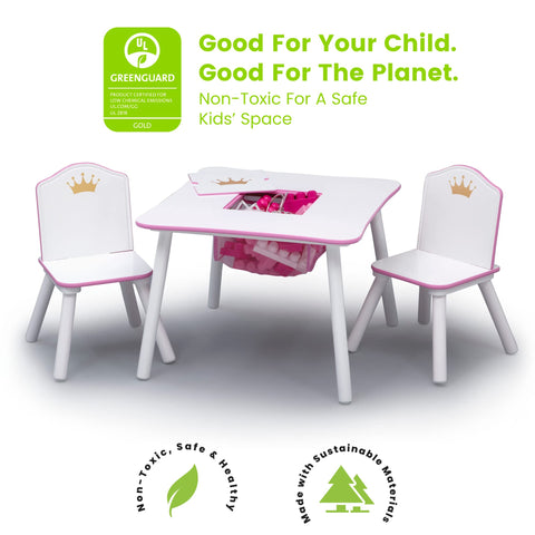 Storage cubby detail on Princess Crown table for easy access.