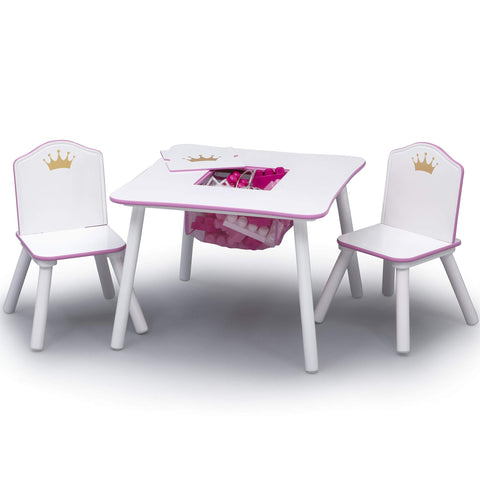 Delta Children Princess Crown table with storage cubby in white and pink.