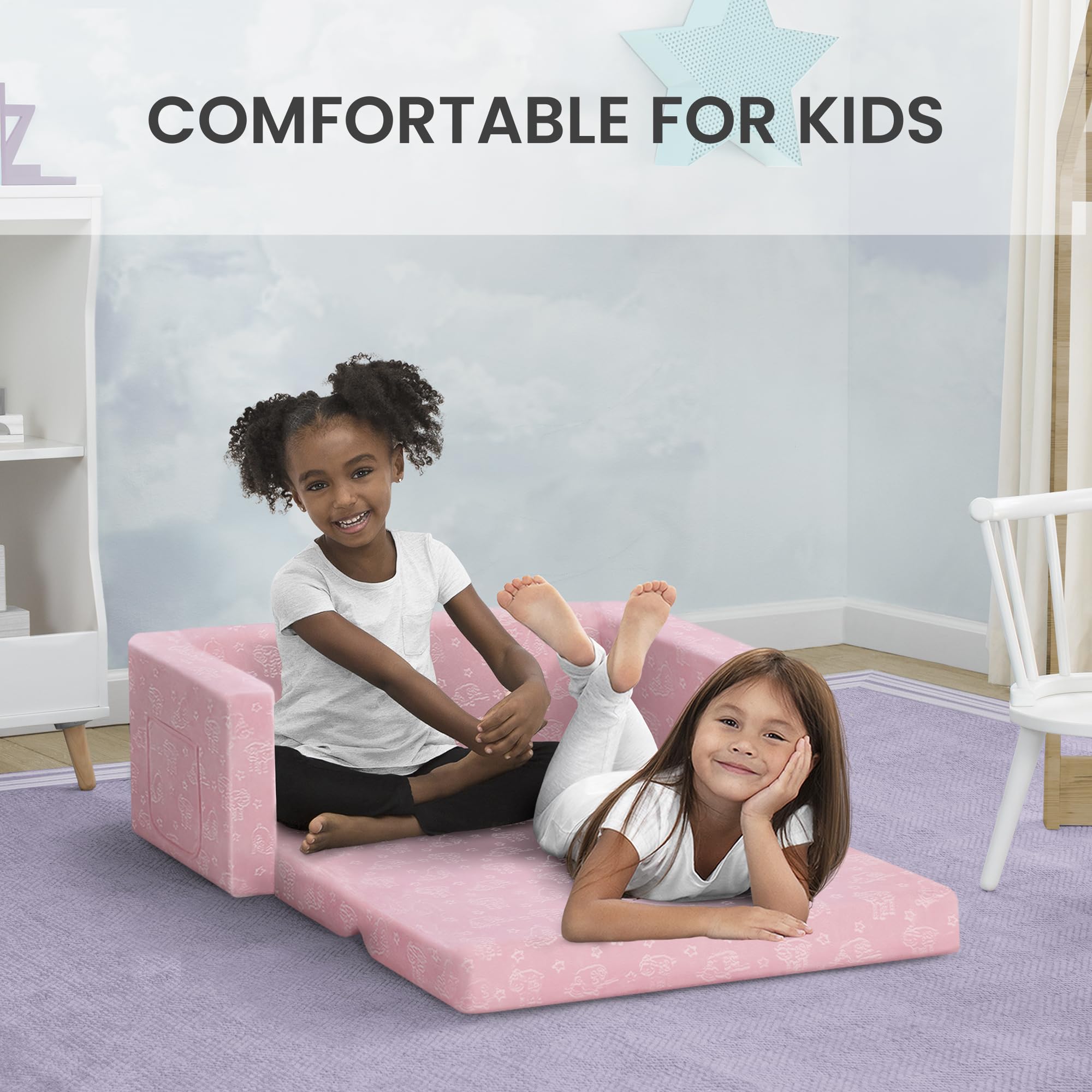 Delta Children Serta Perfect Sleeper Kids 2-Seater Sofa pink floor lounger use.
