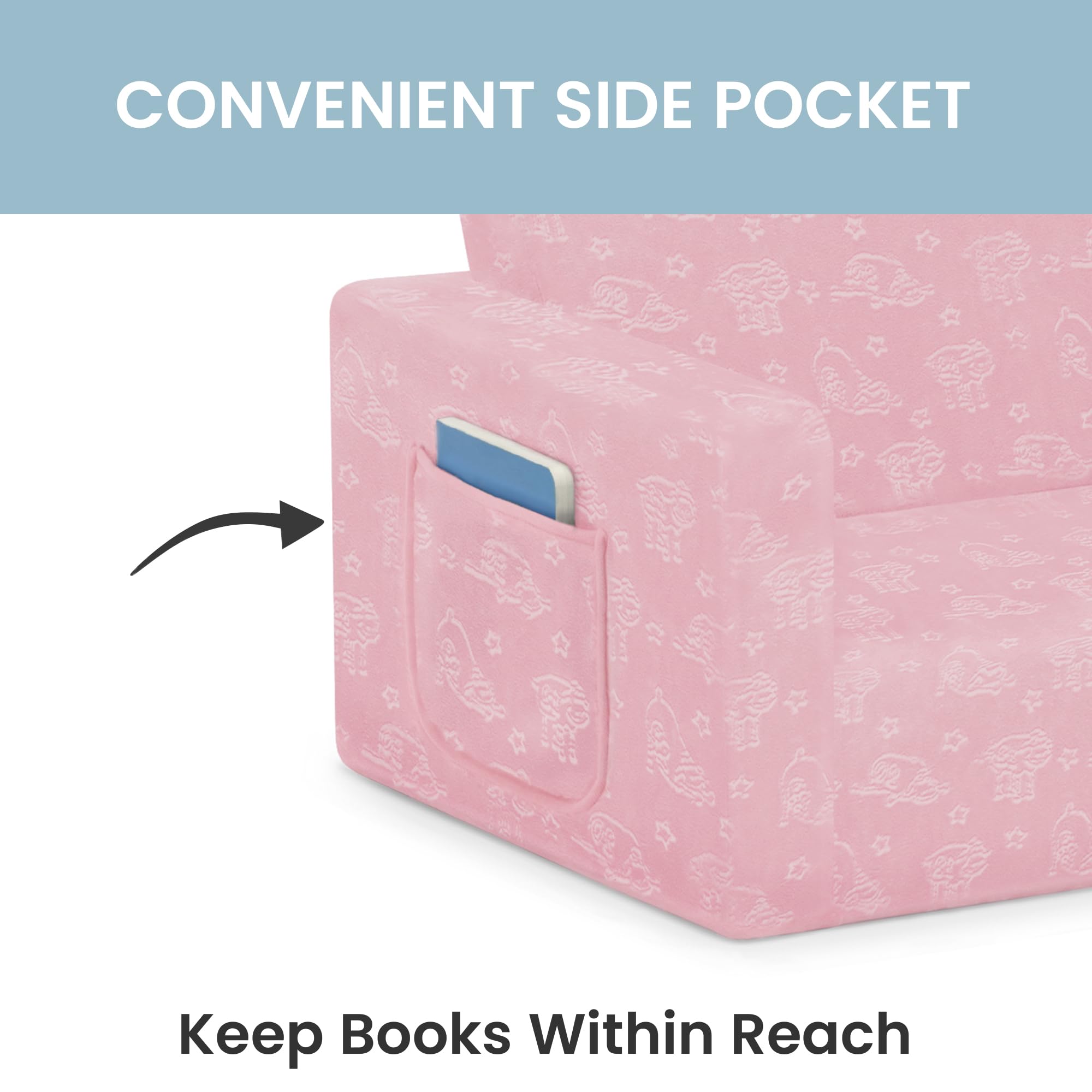 Delta Children Serta Perfect Sleeper Kids 2-Seater Sofa pink slipcover closeup.