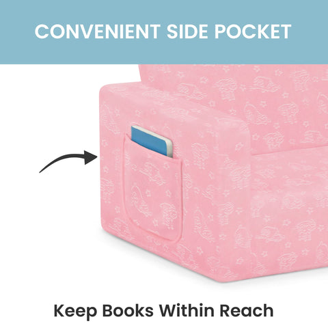 Delta Children Serta Perfect Sleeper Kids 2-Seater Sofa pink slipcover closeup.