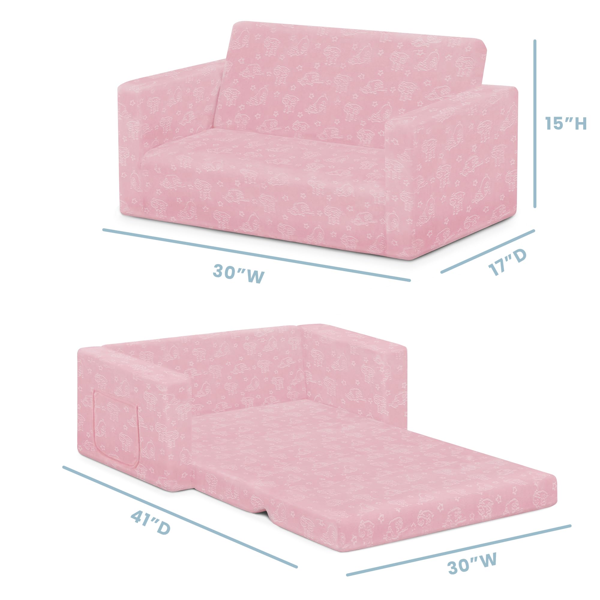 Delta Children Serta Perfect Sleeper Kids 2-Seater Sofa pink unboxed setup highlights compact delivery.