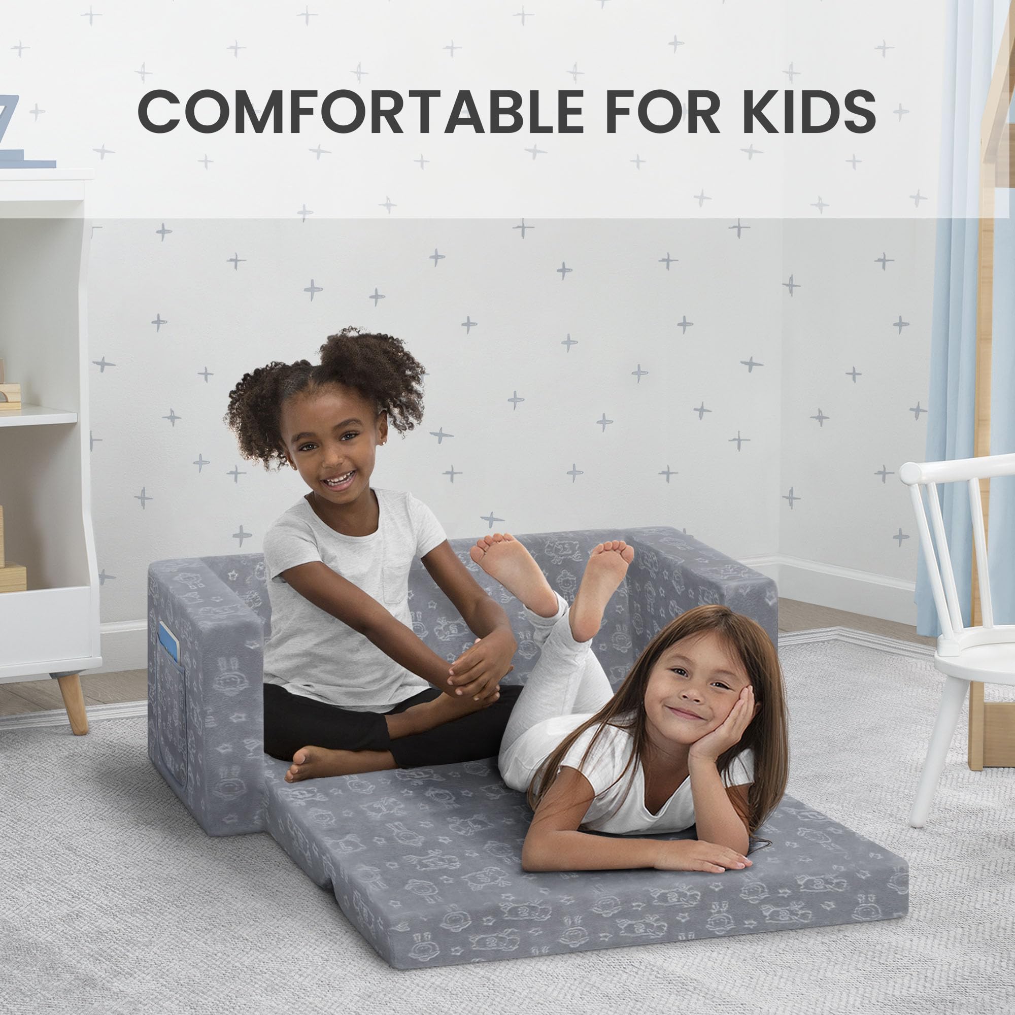 Delta Children Serta Perfect Sleeper Kids Slipcover, machine washable for easy cleanup.