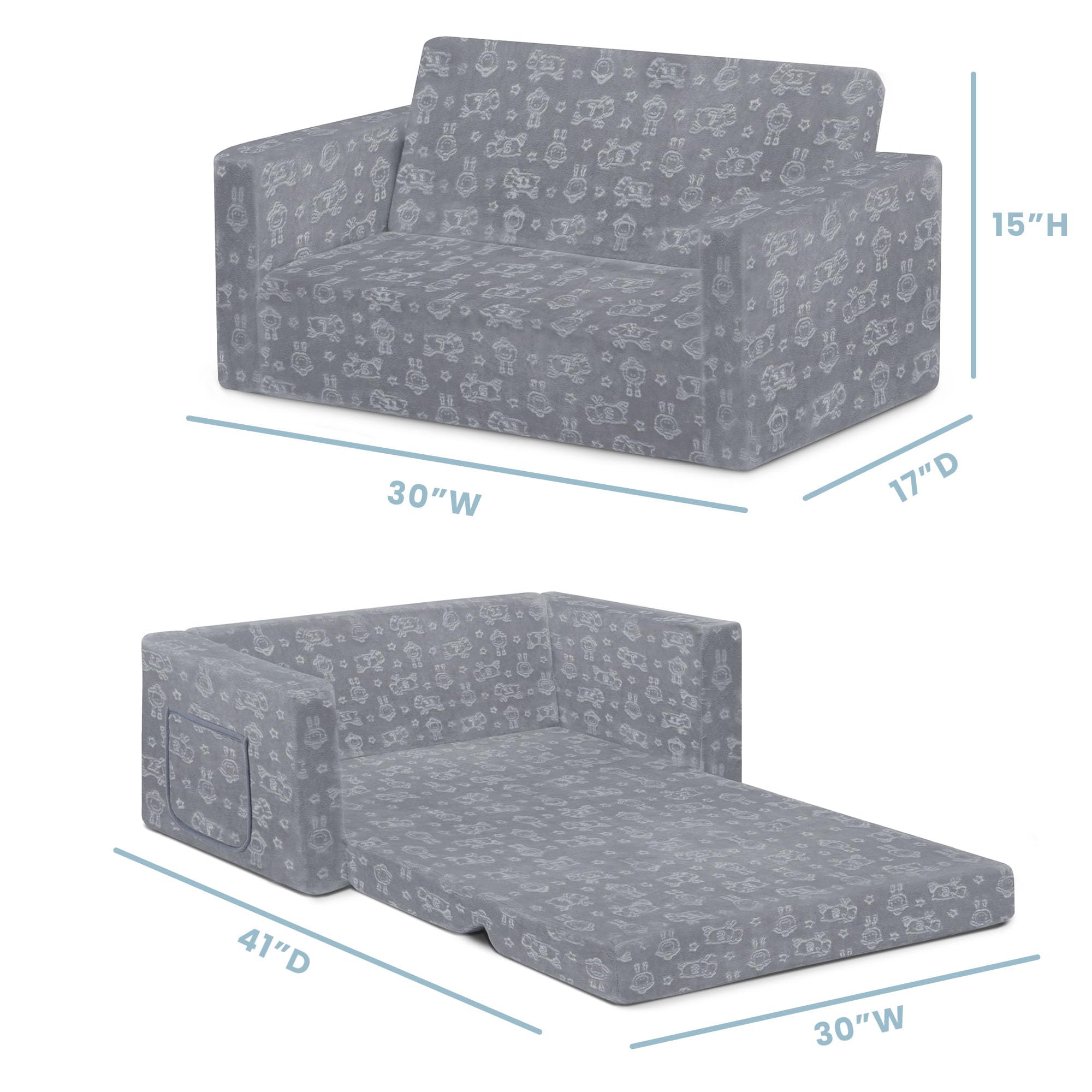 Delta Children Serta Perfect Sleeper Kids Sofa with sleeper open, roomy floor lounger.