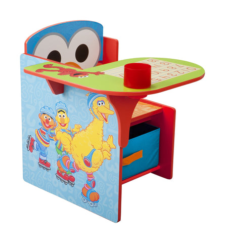 Delta Children Sesame Street chair desk under-seat storage bin keeps toys organized.