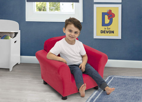 Delta Children Elmo chair padding closeup, plush comfort with durable foam core.