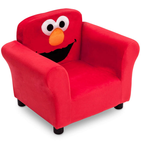 Delta Children Elmo chair wooden frame closeup, sturdy construction for everyday use.