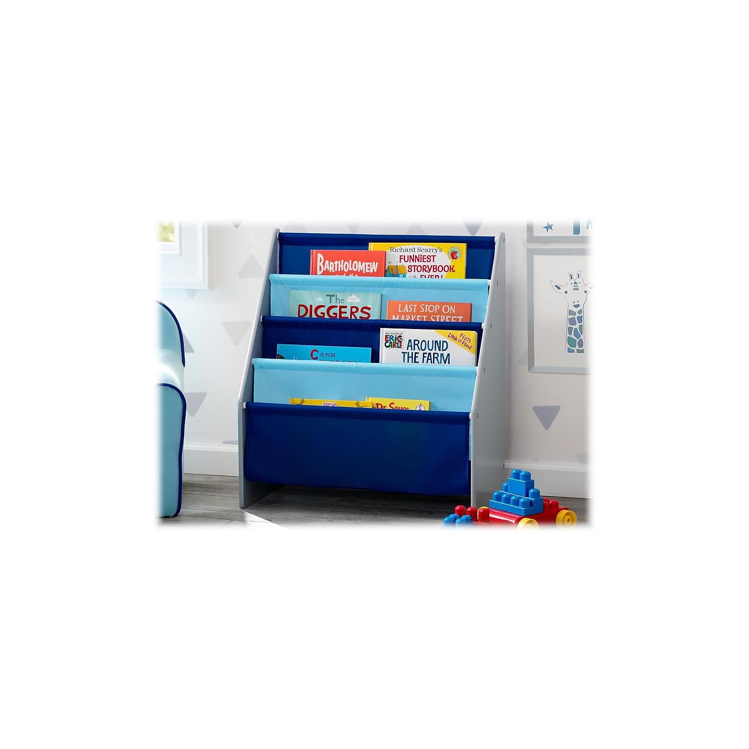 Delta Children Sling Book Rack grey-blue color shot offers versatile room styling.