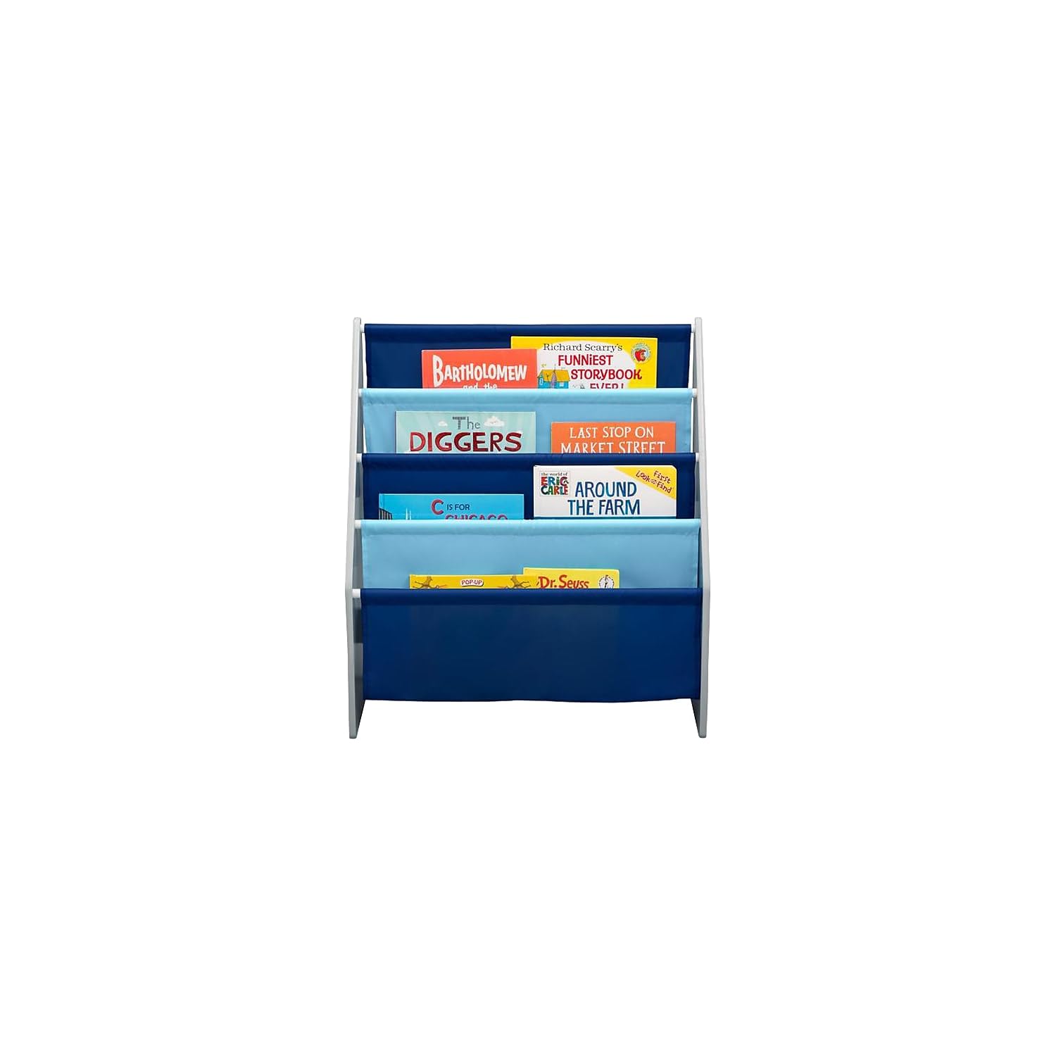 Delta Children Sling Book Rack pocket-detail emphasizes four fabric pockets for organizing.
