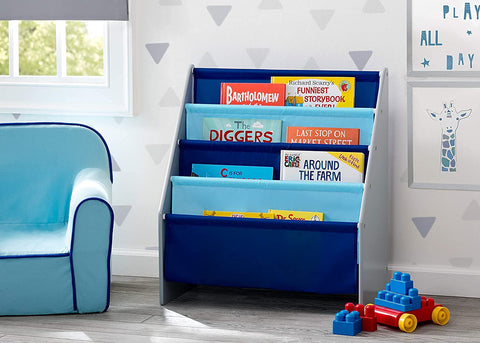 Delta Children Sling Book Rack side-view highlights sturdy wood frame for lasting use.