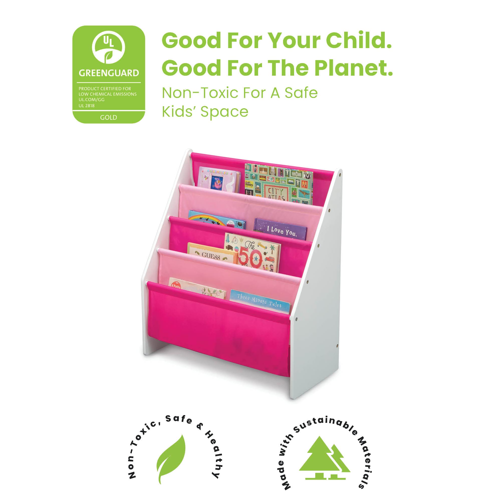 Delta Children Sling Rack Bookshelf is easy to assemble for quick setup.