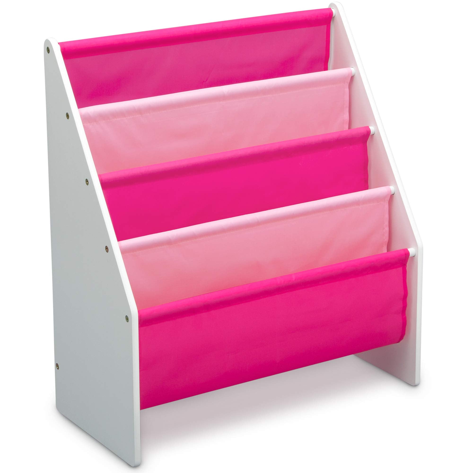 Delta Children Sling Rack Bookshelf with four fabric pockets keeps books organized and accessible.
