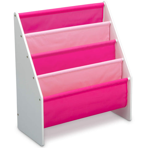 Delta Children Sling Rack Bookshelf with four fabric pockets keeps books organized and accessible.