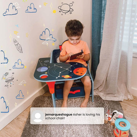Delta Children Space Adventures chair desk front view shows low-height design for easy entry