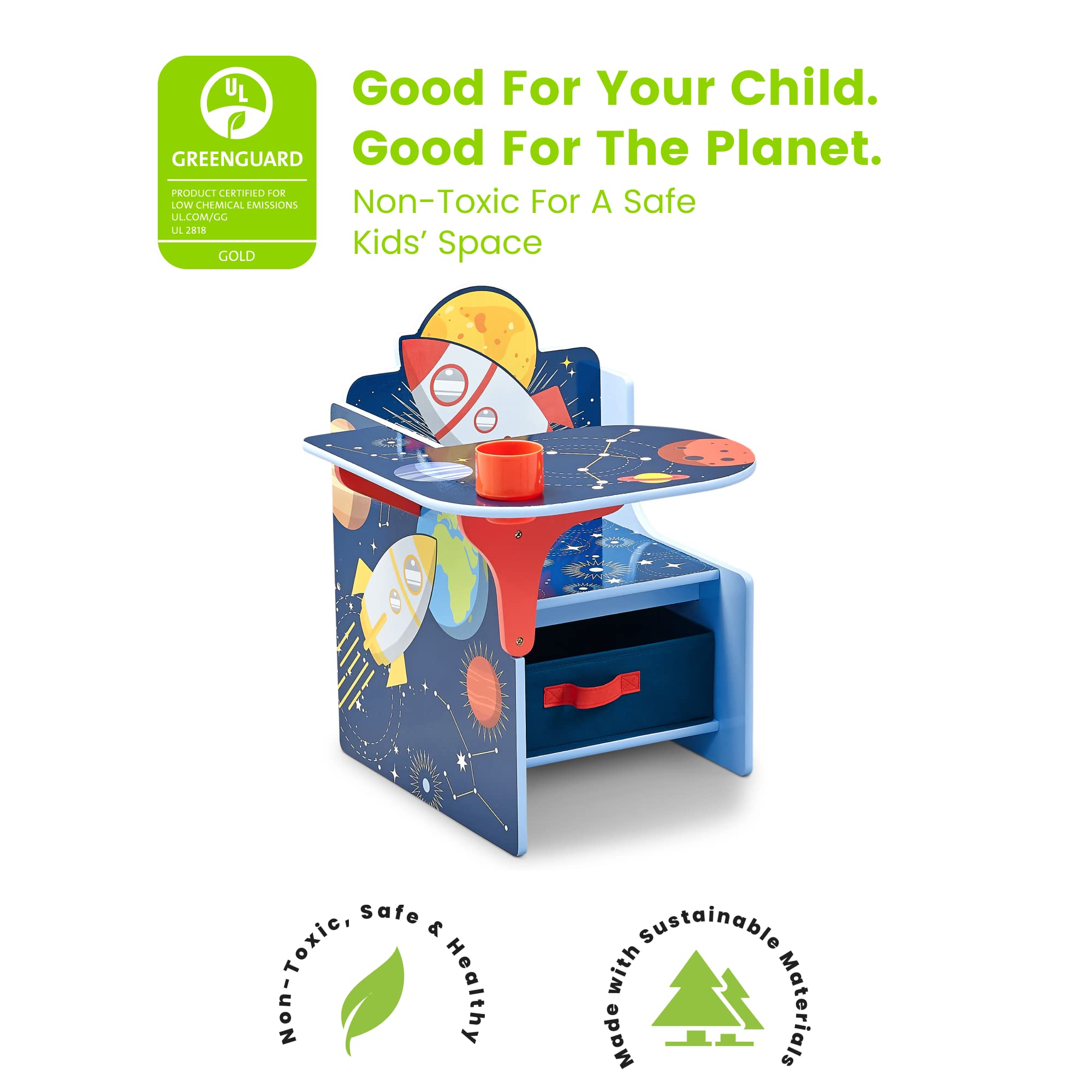 Delta Children Space Adventures chair desk side view highlights accessible work surface for preschoolers