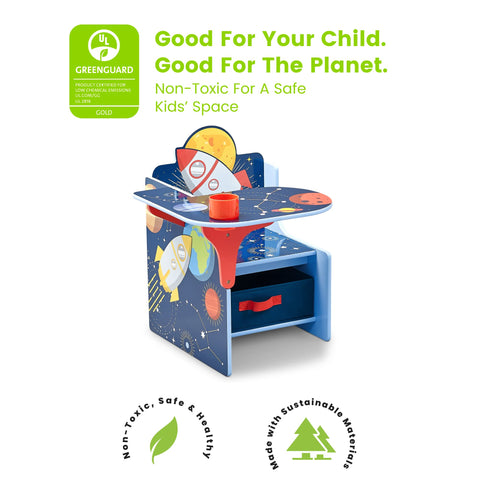 Delta Children Space Adventures chair desk side view highlights accessible work surface for preschoolers