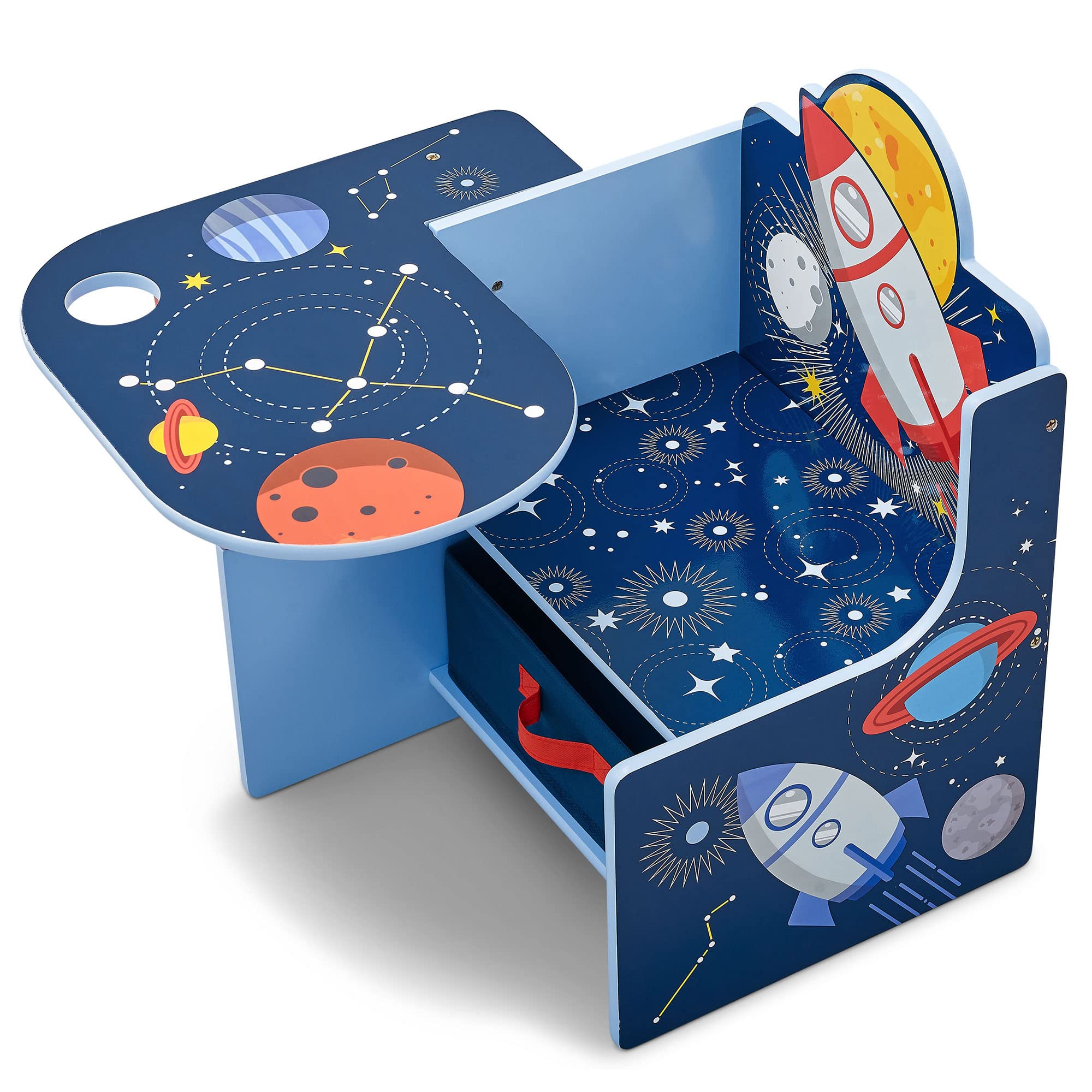 Delta Children Space Adventures chair desk storage bin keeps art supplies organized